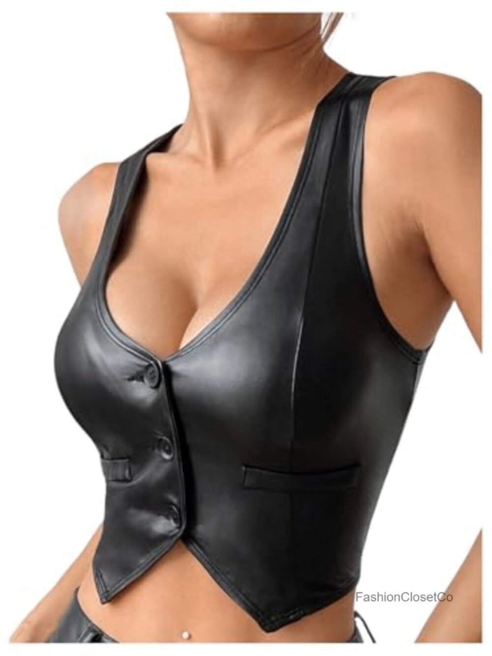 Faux Leather Sleeveless V Neck Button Front Waistcoat Crop Tank Top